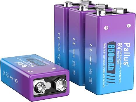 2 x Pallus 9V Rechargeable Battery Pack, 4-Pack 760mAh Li-ion USB 9 Volt Battery for Smoke Alarms, Wireless Microphones, Smoke Detectors, Toys, Flashlights, Guitar