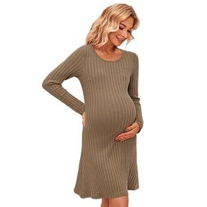 OUGES Women's 2024 Fall Maternity Dress Baby Shower Photoshoot Maternity Clothes Pregnancy Must Haves Long Sleeve Crew Neck Business Lightweight Midi Knit Sweater Dress (Camel, M)