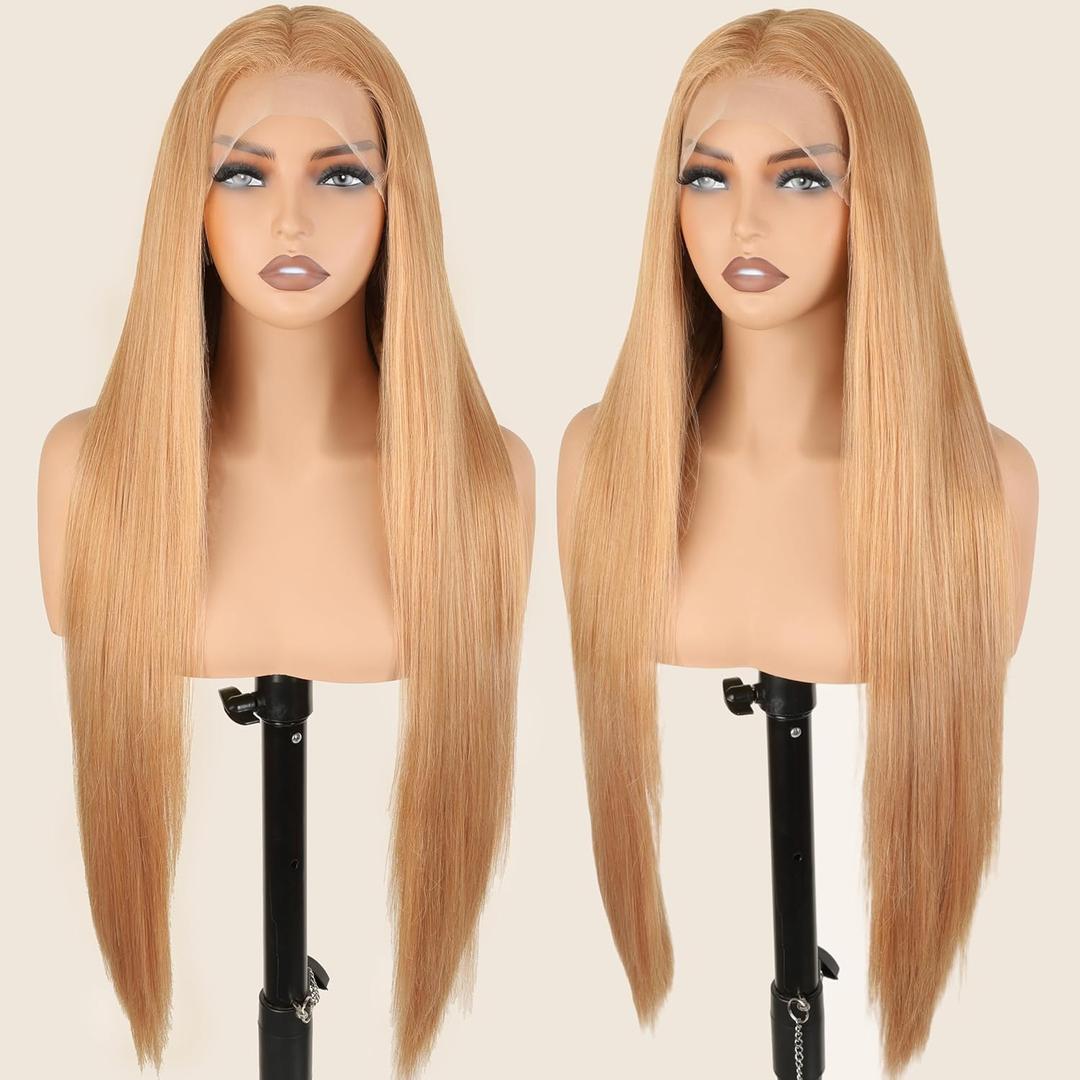 SOKU 13x6 Strawberry Honey Blonde Lace Front Wigs,32 Inch Long Straight Synthetic Hair with Pre Plucked Hairline,Free Part Silky Straight Glueless Lace Frontal Wig for Women Beginner Friendly
