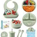 Silicone Baby Feeding Set, 10 Pcs Baby Led Weaning Supplies Baby Eating Essentials Set with Suction Bowl Divided Plate Adjustable Bib Soft Spoon Fork Cup with Lid Drinking Cup, Travel Bag (Green)