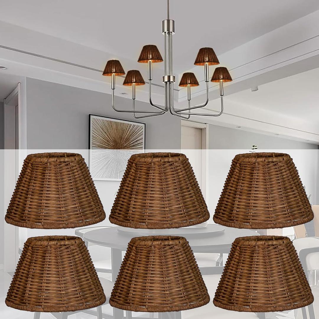 Rattan Chandelier Shades, Set of 6, Woven Replacement Lampshades for Table Lamps, Chandeliers, Pendant Lights, Candle Holders, Bell/Empire/Barrel Shape, Small Lampshades