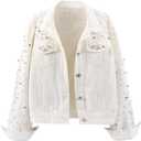 LifeShe Women's Pearls Denim Jacket Cropped Rhinestones Jean Jacket Coat (Large, White)