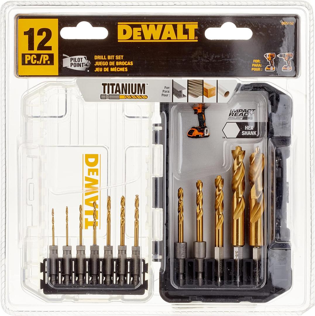 DEWALT Drill Bit Set, Titanium Impact Ready, Ideal for Metal, Wood, and Plastic, 12 Piece (DD5152) (One Size)