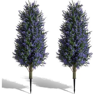 MGWILL 3FT Artificial Lavender Topiary Tree, Set of 2 Artificial Shrubs Fake Bushes with Spike, Faux Lavender Plants for Porch, Artificial Plants for Outdoor Planters Indoor UV Resistant