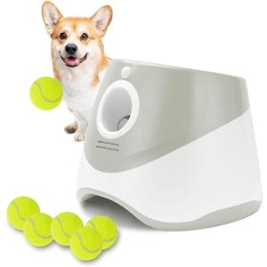 Dog Ball Thrower Launcher, Indoor/Outdoor Automatic Ball Launcher for Small and Medium-Sized Dogs, Includes 6 Mini Tennis Balls and a Data Line, Grey