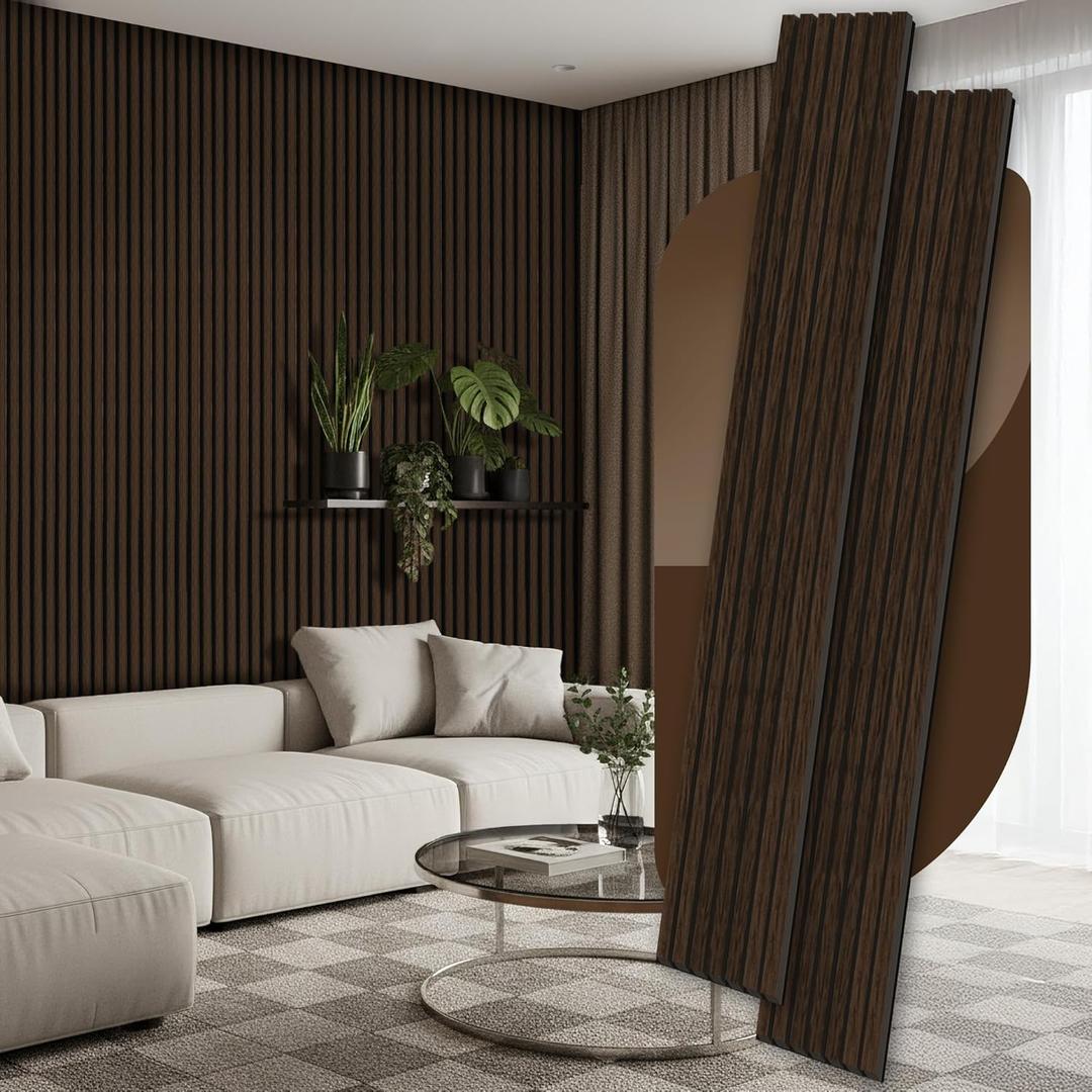2 Pack Wood Panels for Wall, 106.3"  11" Wood Slat Acoustic Panels for Wall, Soundproof Panels, 3D Fluted Panels for Interior Wall Decor (Dark Walnut)