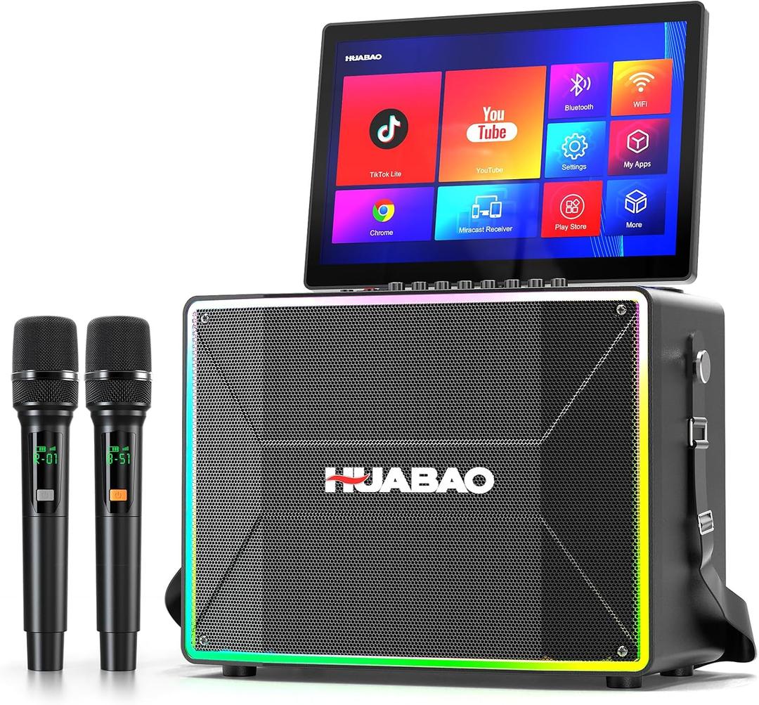 Smart Karaoke Machine with 14 Tablet, Screen & Lyrics Display, Professional Karaoke Speaker, 2 Wireless Microphones, Bluetooth PA System, WiFi, HDMI, and LED Lights for Adults