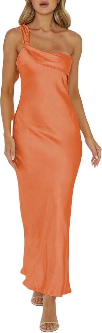 2026 Satin One Shoulder Maxi Dress for Women Summer Silk Formal Elegant Backless Ruffle Sleeveless Wedding Guest Dresses, Large