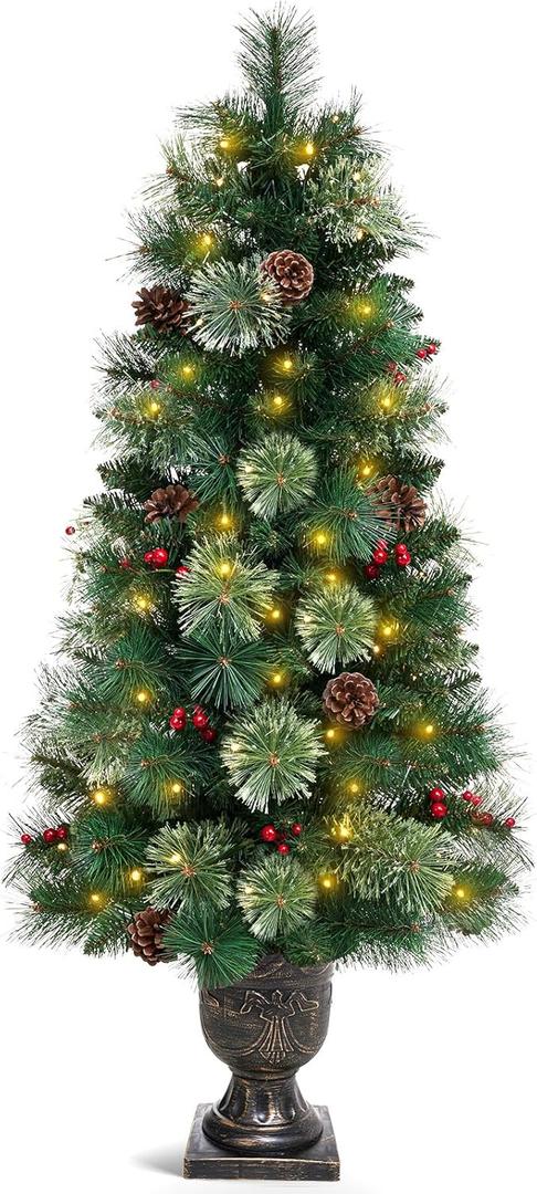 Decoway 4ft Christmas Tree Pre-lit Artificial Trees for Entrances with Gold Pot Base, Flocked Snow 70 Warm White Led Lights, For Entrance, Home Decorations Holiday Decor