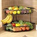 2 Tier Fruit Basket for Kitchen Counter - Detachable Metal Fruit Bowl with 2 Banana Hangers for Corner , Large Capacity Fruit Stand with Wooden Handle for Bread Fruit and Vegetable Storage