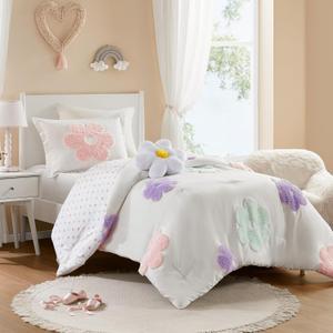 Intelligent Design Kids Twin Comforter Set for Girls, Tufted Chenille Floral Comforter Set Twin, Lightweight Polka Dot Comforter Reversible Bed Set, Sham, Pillow, Gracie, Twin White/Purple 3 Piece