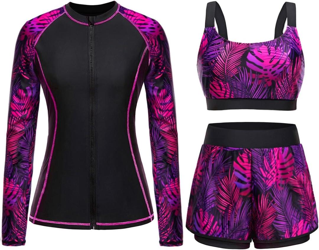Black Purple Leaf 3 Piece Rash Guard for Women - Long Sleeve Swimsuits with Shorts SPF Zip up Swim Shirt with Built in Bra M