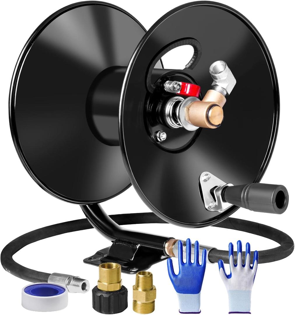 Pressure Washer Hose Reel 50ftx3/8 / 65ftx1/4, 4000PSI Heavy Duty Power Washer Hose Reel with M22-14 Fitting, Hand Crank Metal Reel with Wall/Trailer/Van Mount, Manual Hose Reel for Water (Shiny Black)