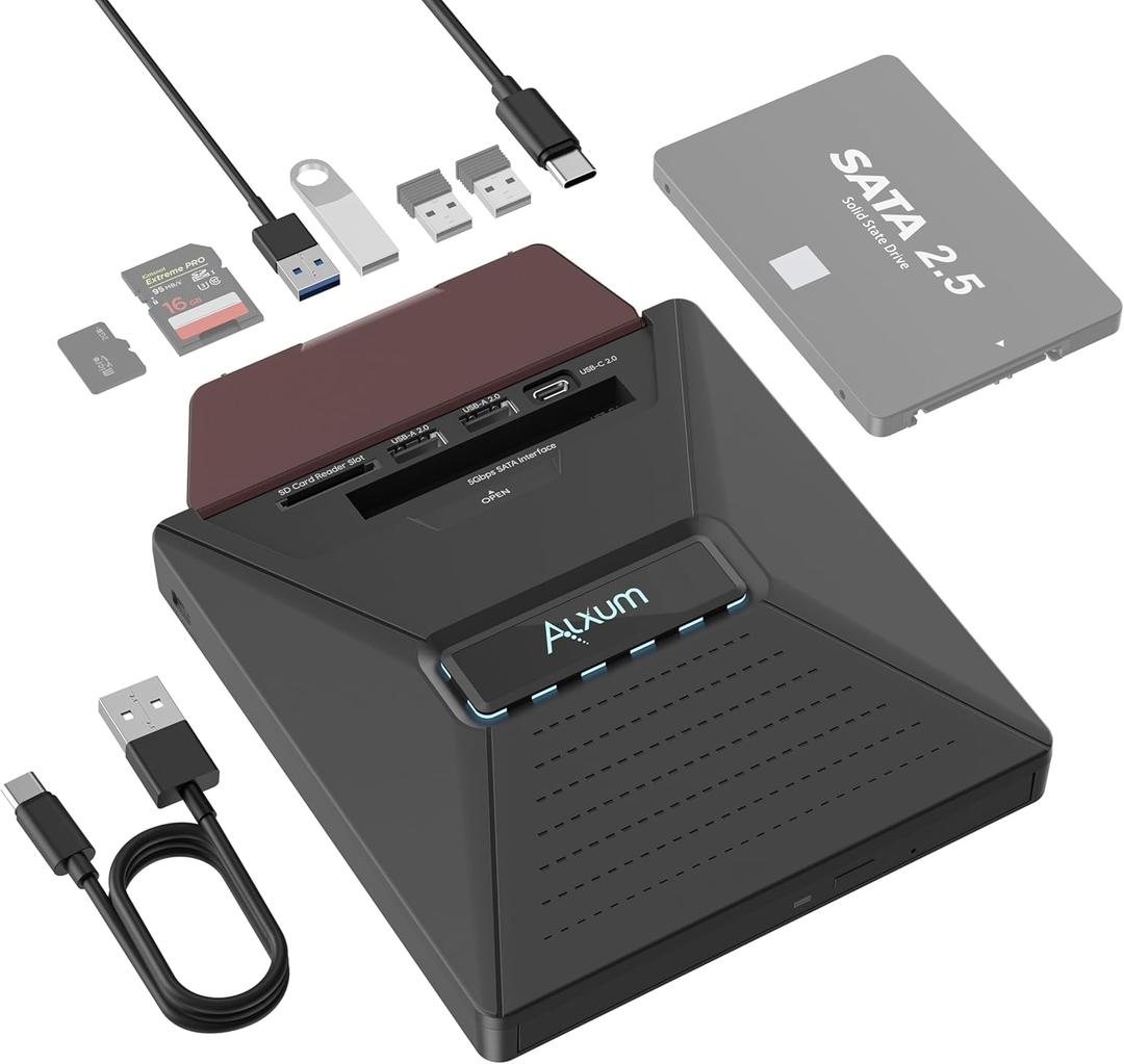 Alxum Laptop External CD DVD Drive  CD/DVD Burning Supports SATA 2.5" Hard Drive 3 USB 2.0 Interfaces and SD Micro SD Compatible with Win2000/XP Linux Mac 10 OS System SATA&CD, SD&CD Mutual Burning