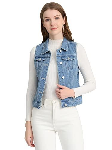 Allegra K Women's Washed Denim Buttoned Vest W Flap Pockets Small Light Blue-B.S