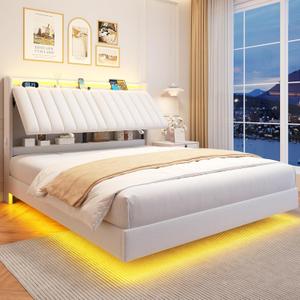 Queen Size Floating Bed Frame with Ergonomic Hidden Storage Headboard and LED Lights, Visual Floating LED Bed Frame with Charing Station, Velvet Upholstered Platform Bed, Heavy Duty, White