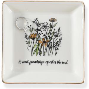 Friendship Christmas Gifts for Women Friends, Ring Trinket Dish, Jewelry Tray-A Sweet Friendship Refreshes the Soul, Ceramic White