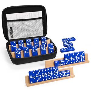 Jumbo Dominos Set for Adults with 4 Wooden Racks/Trays, Double 6 Dominoes Travel Set with Portable Case Double Six Dominoes Set with 4 Tiles Holders, 28 Tiles Dominos Set for Family Board Games