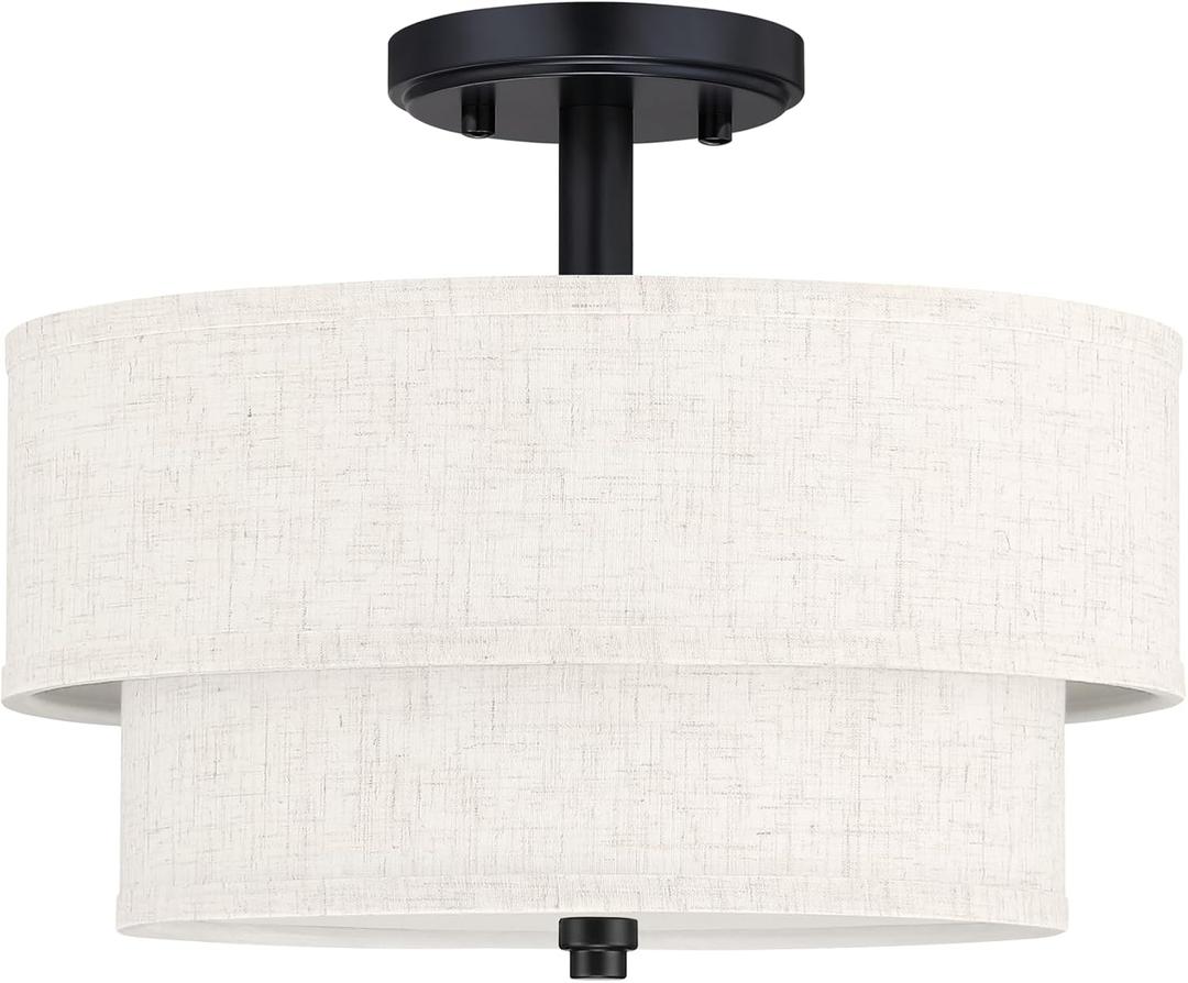 Leading Lighting 12 Inch Double Drum Linen Fabric Shade Black Semi Flush Mount Close to 3 Light Ceiling Light Fixture for Bedroom,Living Room,Dining Room Hallway
