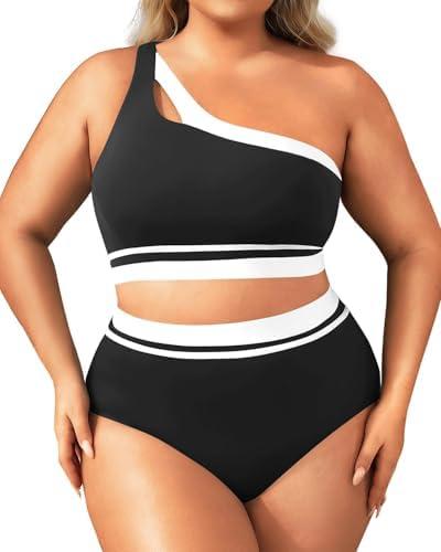 Aqua Eve Women Plus Size High Waisted Bikini One Shoulder Two Piece Swimsuit Color Block Bathing Suits  Size L