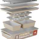 Bakken 8-Piece Ceramic Coated Bakeware Sets, Nonstick Aluminized Steel Pans with Muffin, Loaf, Cake, Roasting Pan, & Cooling Rack, Oven Safe Up To 500F, Dishwasher Safe, BPA, PTFE & PFAS Free, Cream