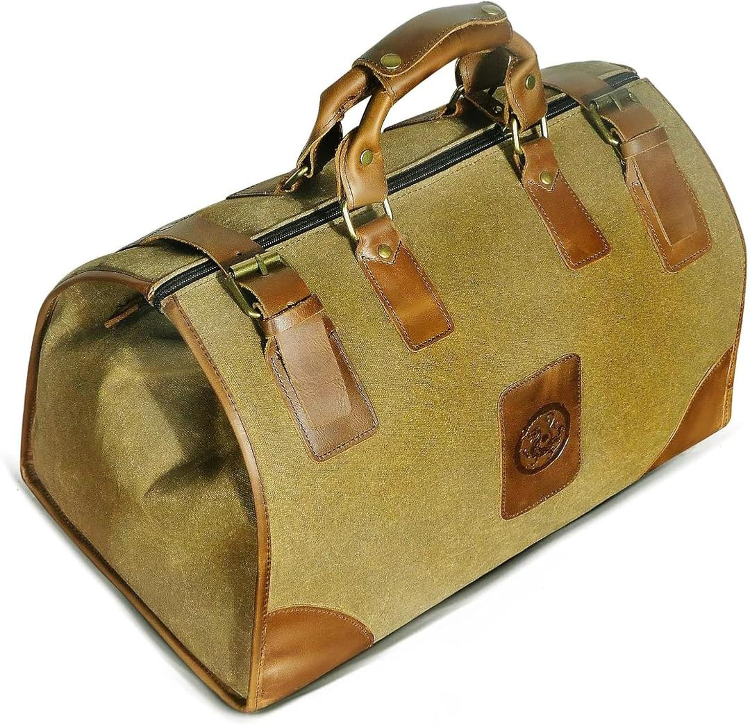 Water Resistant Canvas + Leather Travel Luggage Tote Duffle Gym Suitcase Weekender Overnight Bag For Men Male FB8151 (A-Brown)