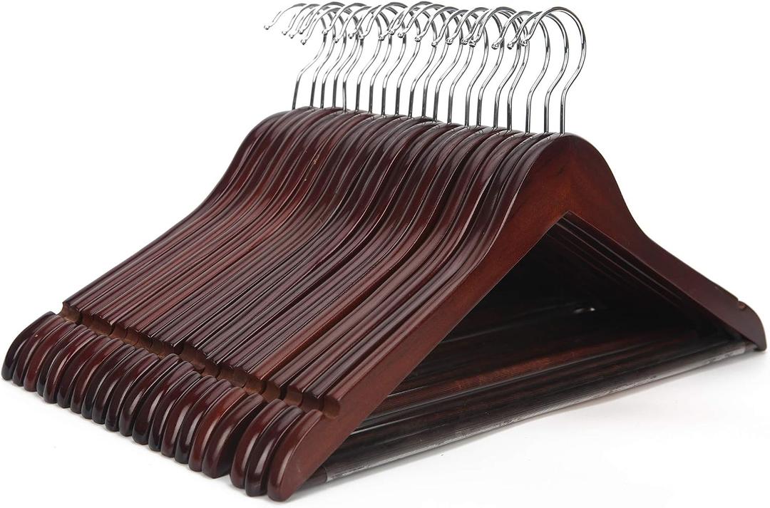 JS HANGER Wooden Coat Hangers, 20 Pack High Grade 17.5 Inch Wood Suit Hangers with Non Slip Pant Bar - Extra Smooth and Splinter Free Walnut Finish Wooden Suit Hangers for Closet Organization