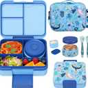 Kids Bento Lunch Box Set with 9.5oz Soup Thermo, Leak-Proof Lunch Food Containers with 3 Compartment and Removable Inner Tray, Insulated Hot Food Jar with Lunch Bag for School, Office, Sea Blue