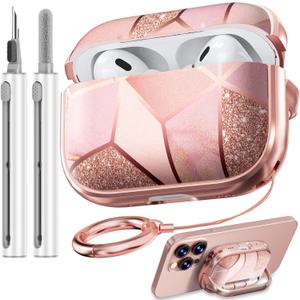 Inesore for AirPods Pro 2nd Generation Case Cover with Lock, Flowers Cute Air Pods Pro 2 Case Hard iPod Pro Cases for Women Girls with Cleaner Kit (2023 USB-C /2022/2019) -Pink Gold Marble
