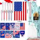 Qeeenar 200 Pcs 4th of July Party Favors Gift Bulk Sets Include American Flag Notebooks Red White Blue Ballpoint Pens Freedom Tags Organza Bags for Memorial Day Independence Day Office Party Supplies