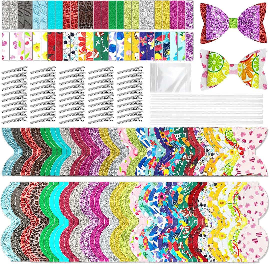 AOUXSEEM 50 Set Random Colors Bows DIY Making Kit for Beginners, Pre Cut Faux Leather Hairbows Contains Printed/Glitter/Embossed/Textured Fabric, with Alligator Clips for Women Girls Handmade Gift
