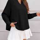 Fisoew Womens Oversized Long Sleeve Shirt Casual Waffle Knit Tunic Tops Lace Patchwork Pullover Sweatshirt (Black, L)