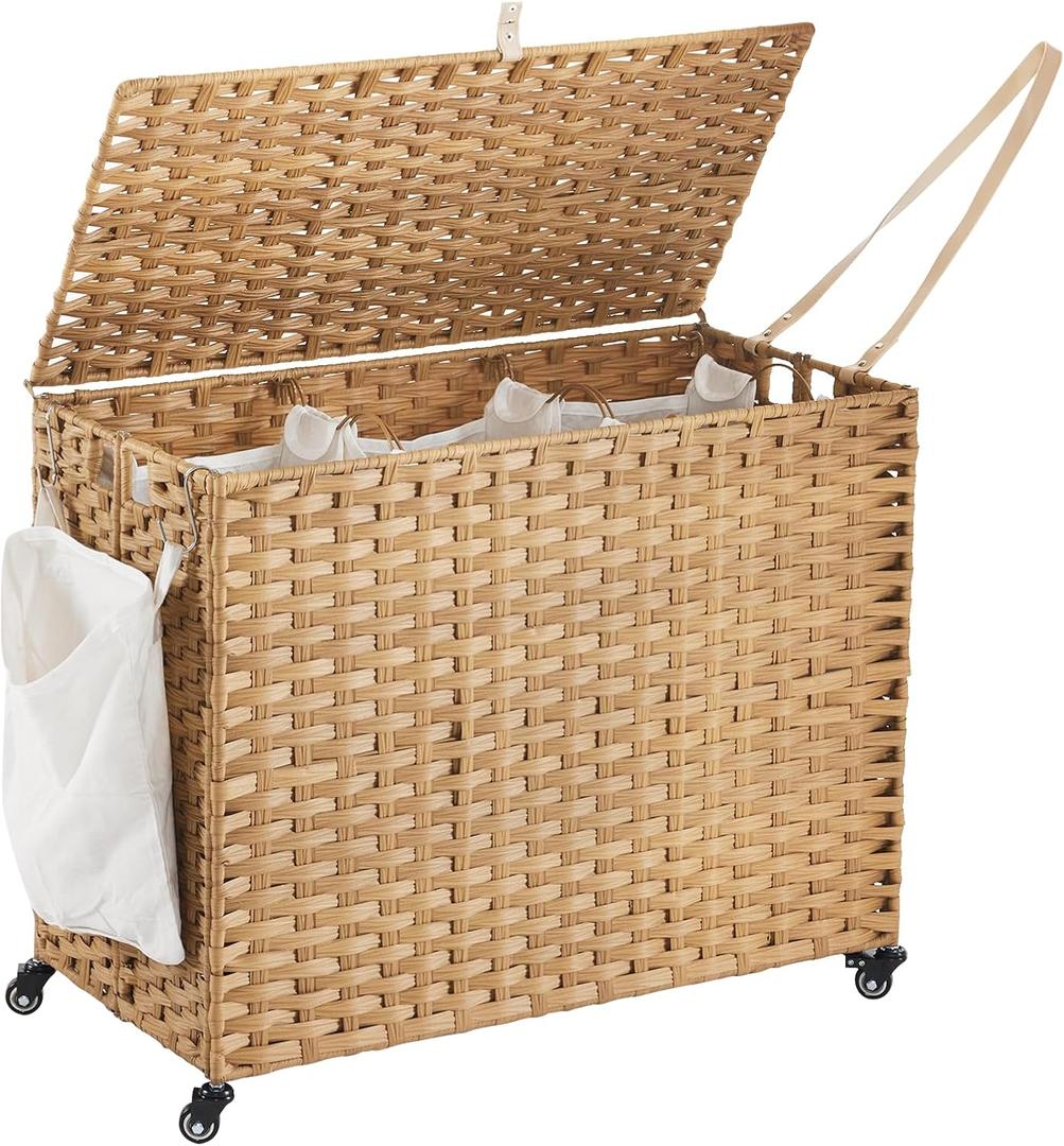 Laundry Hamper with Wheels, 52.8 Gallon(200L) Rolling Laundry Basket with Lid, 3-Section Rattan Clothes Hamper with 3 Removable Liner & 3 Mesh Bags, Laundry Sorter with Side Pocket, Natural (200L31.5x15.75x25.6 Inches)