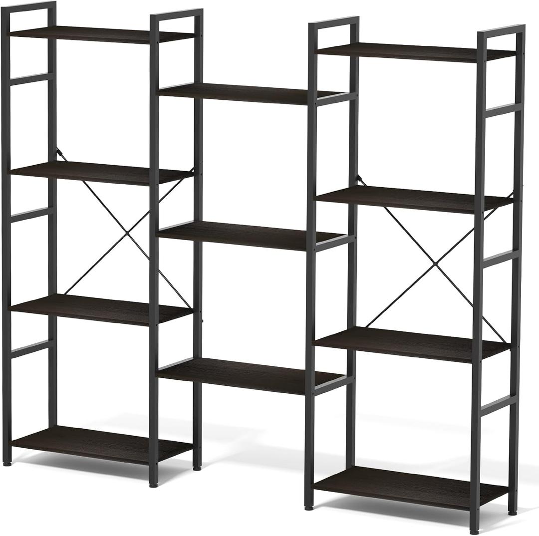 Triple 4 Tier Bookshelf, Tall Book Shelf with 11 Open Display Shelves, Adjustable Industrial Bookcase in Living Room, Bedroom, Wide Metal Bookshelf Book Case for Home & Office, Black