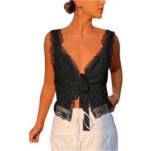 SOLY HUX Women's Y2k Lace Trim Open Tie Front Tank Top V Neck Sleeveless Tops (Plain Black) XL