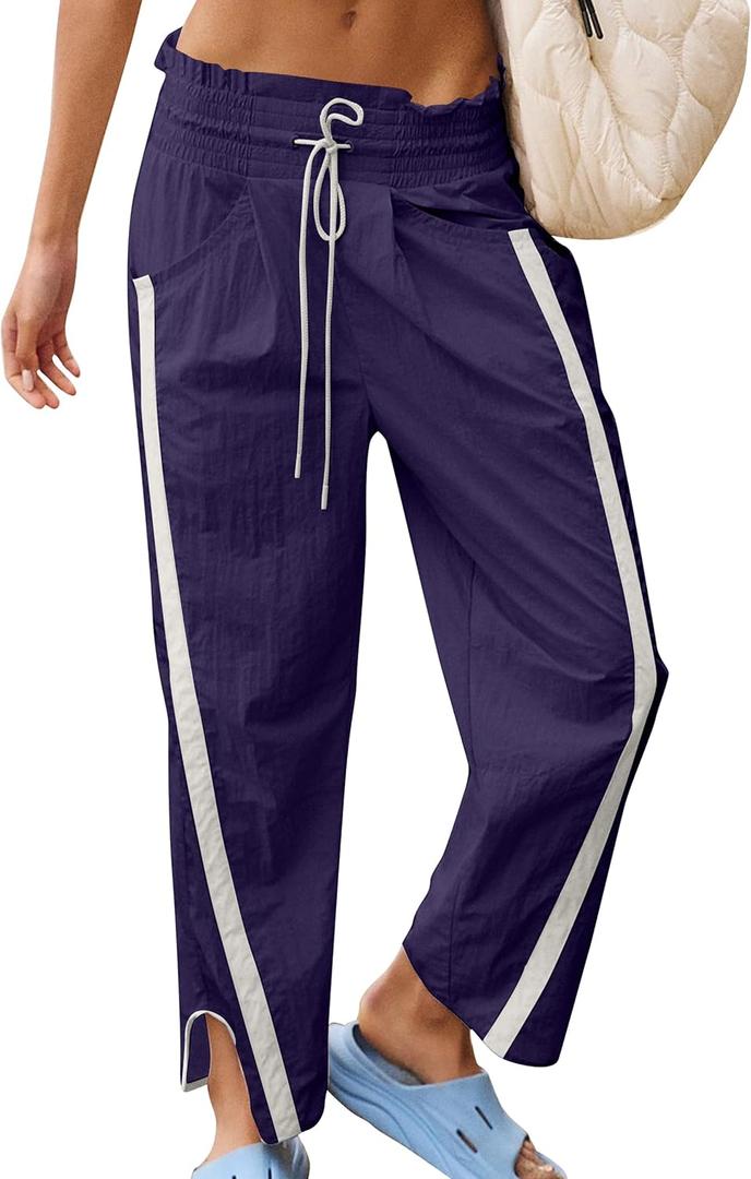 Track Pants Women Casual Drawstring Barrel Pant Lightweight Baggy Contrast Color Workout Pants with Pockets (Large, Purple)