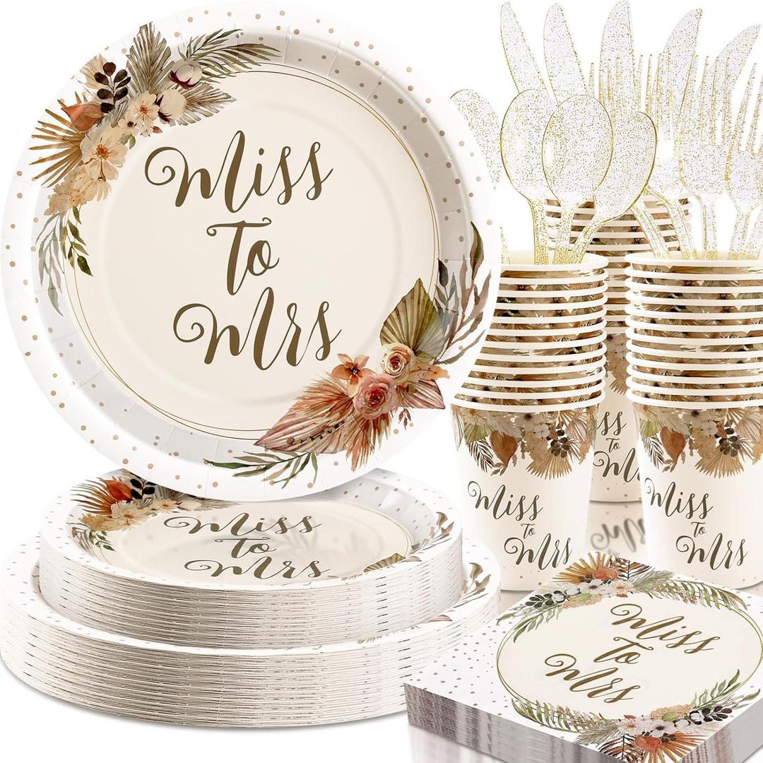 Boho Bridal Shower Decorations, 168Pcs Bridal Shower Plates and Napkins Sets Serve 24, Miss to Mrs, Love is In Bloom, Love is Brewing, Bride To Be, Bachelorette, Fall in Love Wedding Shower