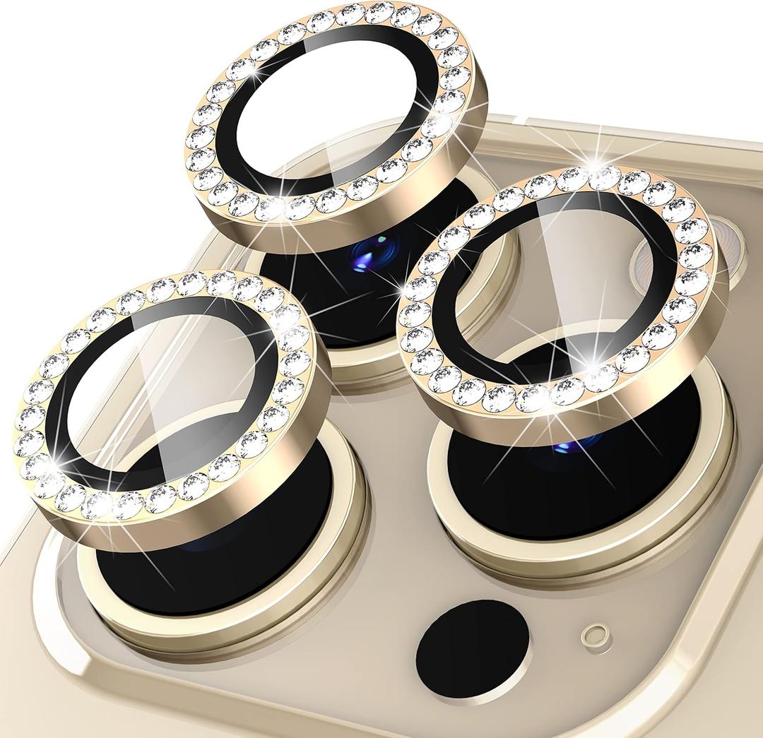 Suoman 3-Pack iPhone 12 Pro Max Camera Lens Protector, 9H Tempered Glass, [Does not Affect Night Shots] Metal Frosted Independent Protective Cover - Diamonds-Gold