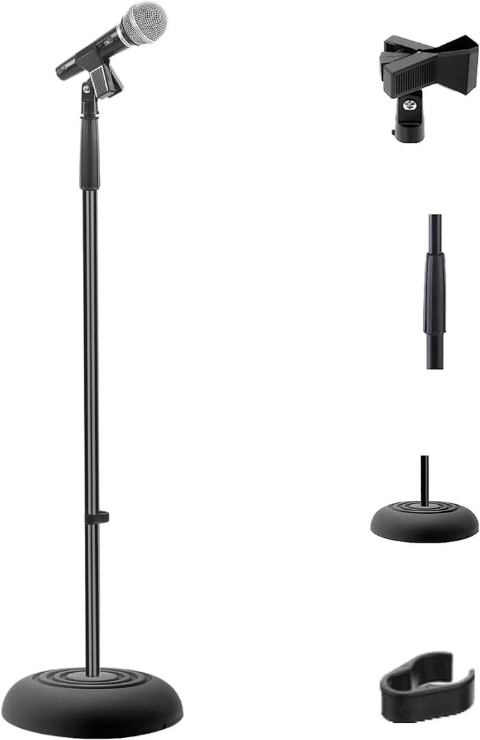 Pyle Adjustable Microphone Stand - Universal Mic Stand with Compact Heavy Base, Floor Standing Design, Height Adjustable, Pivot Angle Clip for Singing & Recording (2.8 - 5 ft., 9.8 Base Diameter)