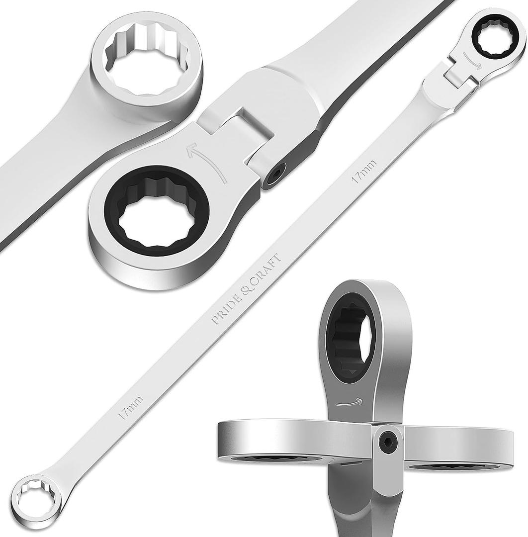 PRIDE&CRAFT Extra Long Ratcheting Wrench 17mm, Metric Flex Head Double Box End, 2X Longer Wrenches, Chrome Vanadium Steel with 90-Tooth Ratchet for Automotive Repair