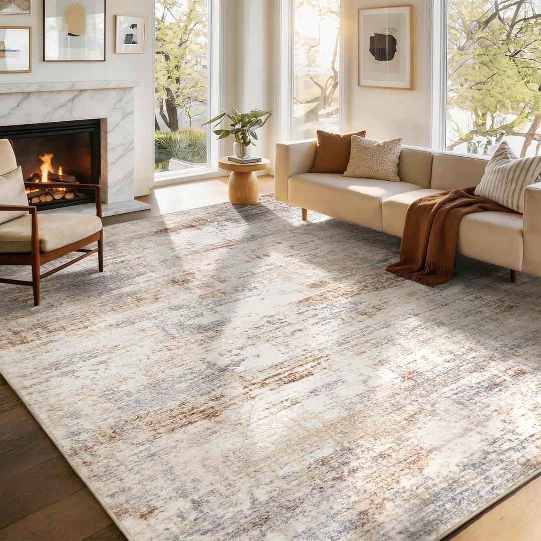 Washable Area Rug Living Room Rugs-8x10 Large Soft Non-Slip Carpet for Bedroom Dining Room Modern Abstract Neutral Low Pile Floor Rugs Stain Resistant Indoor Nursery Home Office,Brown Grey