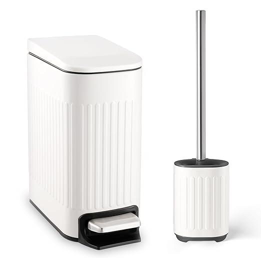 Bathroom Trash Can with Toilet Brush  1.6 Gallon Slim Stainless Steel Garbage Can, Small Wastebasket for Bathroom, Office, Bedroom, Silicone Toilet Brush Included, White