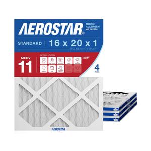 Aerostar 16x20x1 MERV 11 - 4 Count - Pleated HVAC, Furnace & Air Conditioner Filters - Removes Dust, Cold & Flu Germs, Lint, Mold, Pet Dander, Allergy-Causing Pollen, Smog & Smoke