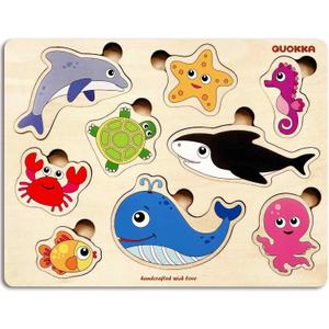 QUOKKA Wooden Puzzles for Toddlers 1-2  4 Set Pegged Puzzles for Kids Ages 1-2  Animal Sea Learning Toy for Kids  Gift Realistic Educational Game for Boy and Girl