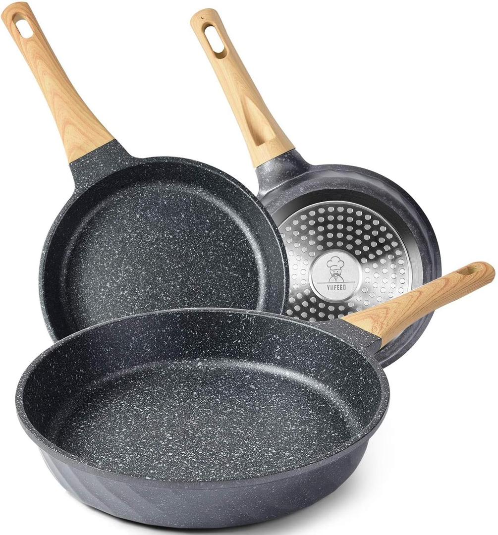 YIIFEEO Frying Pans Nonstick, Induction Frying Pan Set Granite Skillet Pans for Cooking Omelette Pan Cookware Set with Heat-Resistant Handle, Christmas Gift for Women (8" &9.5" &11"), 3 Pcs - 8inch&9.5inch&11inch