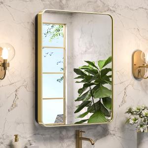 Keonjinn 20"x26" Gold Medicine Cabinet Mirror, Stainless Steel Framed | Stepless Adjustable Shelves, Surface Mount/Recessed, Heavy & Solid, Soft Close with DTC Hinges, Bathroom Medicine Cabinet