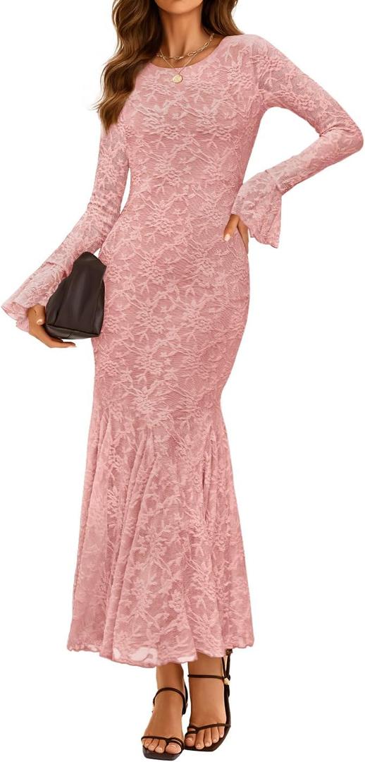ZESICA Women's Long Sleeve Bodycon Maxi Dress 2026 Fall Fashion Floral Sexy Mermaid Wedding Guest Cocktail Party Dresses (Medium, Pink)