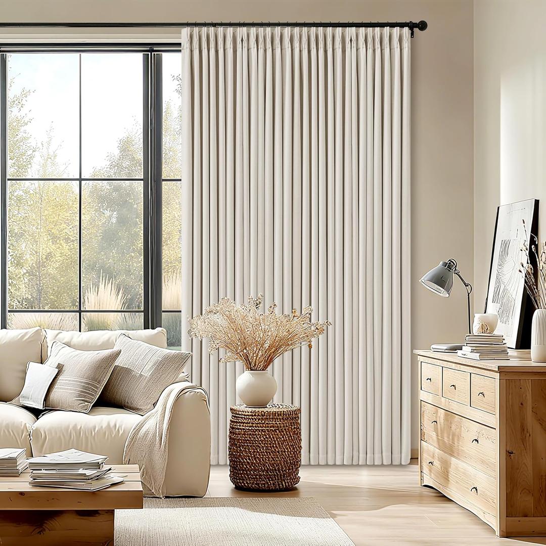 Pinch Pleated Blackout 90 Inch Bedroom Curtains 70 Inch Wide Linen Dual Layer Soundproof Farmhouse Window Curtains for Living Room Cream Natural Hooks Rings Back Tab 100% Black Out Drapes 1 Panel