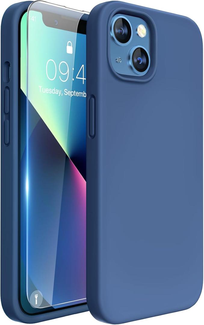 Miracase Designed for iPhone 13 Case, with Tempered Glass Screen Protector, [Soft Anti-Scratch Microfiber Lining], Shockproof Liquid Silicone Rubber Phone Case Cover for 13 6.1 inch, Glass Blue
