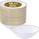 I00000 16 Oz 50 Count White Disposable Soup Bowls with Gold Rim, Plastic Bowls Disposable Premium Heavyweight Elegant Plastic Salad Bowl for Party